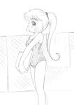  child fence haneoka_meimi kaitou_saint_tail kickboard loli monochrome ponytail swimsuit 
