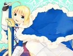  ahoge armor artoria_pendragon_(all) avalon_(fate/stay_night) bad_id bad_pixiv_id blonde_hair blue_cape braid cape dress excalibur fate/stay_night fate_(series) gauntlets green_eyes hagiko pinky_out saber sheath sheathed smile solo sword weapon 
