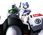  1girl av-98_ingram blue_eyes blue_hair bow cirno crossed_arms dress hair_bow ice ice_wings kidou_keisatsu_patlabor kusaba_(kusabashiki) mecha police short_hair solo touhou wings 