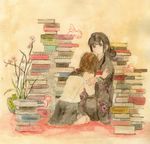  black_hair book book_stack brown_hair fish hand_on_head japanese_clothes kimono long_hair multiple_girls original plant potted_plant skirt too_many too_many_books traditional_media tugumi0w0 watercolor_(medium) yuri 