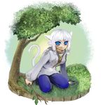  blue_eyes final_fantasy final_fantasy_xiv migo&#039;te miqo'te pants pixiv_thumbnail resized sarasa353 smile tree white_hair y&#039;shtola y'shtola 