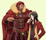  armor bangs beard black_hair cape dotted_line facial_hair fate/zero fate_(series) long_coat long_hair lord_el-melloi_ii male_focus multiple_boys older parted_bangs petting red_eyes red_hair rider_(fate/zero) scarf spoilers time_paradox waver_velvet wince yun_(neo) 