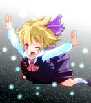  ascot blonde_hair blush darkness flying hair_ribbon highres lights one_eye_closed open_mouth outstretched_arms red_eyes ribbon rumia shirt short_hair skirt skirt_set solo takara_akihito touhou vest 
