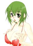  bikini_top blush breast_squeeze breasts cum cum_on_body cum_on_breasts cum_on_upper_body facial glasses green_eyes green_hair infinite_stratos k.m.station large_breasts lingerie pinky_out short_hair solo underwear yamada_maya_(infinite_stratos) 