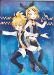  1girl black_star_(module) blonde_hair blue_moon_(module) blush bow brother_and_sister colored_pencil_(medium) hair_bow hair_ornament hairclip headphones headset kagamine_len kagamine_rin mosho project_diva_(series) project_diva_extend shorts siblings thighhighs traditional_media twins vocaloid watercolor_(medium) watercolor_pencil_(medium) 