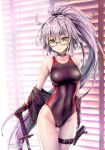  1girl absurdres ahoge bangs bare_shoulders black_gloves black_jacket blinds blush breasts brown-framed_eyewear choker collarbone competition_swimsuit covered_navel eyebrows_visible_through_hair fate/grand_order fate_(series) glasses gloves gluteal_fold groin hair_between_eyes hand_on_hilt hand_on_sword highleg highleg_swimsuit highres indoors jacket jeanne_d&#039;arc_(alter_swimsuit_berserker) jeanne_d&#039;arc_(fate)_(all) katana kotatsu_(kotatsu358) light_particles long_hair looking_at_viewer medium_breasts one-piece_swimsuit parted_lips ponytail purple_hair scan sheath shrug_(clothing) sidelocks skindentation solo standing swimsuit sword thigh_strap very_long_hair weapon yellow_eyes 