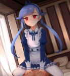  1boy 1girl apron bangs bed_sheet blue_dress blue_hair blue_hairband blue_ribbon blunt_bangs collared_dress commentary_request curtains day dress eyebrows_visible_through_hair frilled_apron frilled_dress frills hair_ribbon hairband hi_jinrui_gakuen_extraordinary_ones indoors juliet_sleeves long_hair long_sleeves low_twintails pillow puffy_sleeves red_eyes ribbon saruton sitting sitting_on_person sleeves_past_wrists solo_focus sunlight thighhighs twintails very_long_hair white_apron white_legwear 