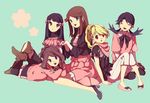  black_legwear blonde_hair blue_(pokemon) blue_eyes blue_hair braid brown_eyes brown_hair casual closed_eyes crystal_(pokemon) earrings jewelry multiple_girls necklace odamaki_sapphire pantyhose platinum_berlitz pokemon pokemon_special purple_eyes skirt twintails yellow_(pokemon) yui_ko 