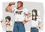  arm_up bangs beard belt biceps black_hair blush cigar clenched_hand closed_eyes denim dual_persona facial_hair fate/zero fate_(series) flexing grey_background grin hand_on_hip jeans long_hair lord_el-melloi_ii male_focus multiple_boys necktie odd_one_out older pants parted_bangs pose red_hair rider_(fate/zero) shirt size_difference smile smoke struggling t-shirt time_paradox trembling waver_velvet white_background wristband younger yun_(neo) 