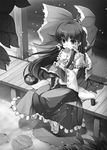  ascot bad_id bad_pixiv_id black_hair book bow cookie cup detached_sleeves food greyscale hair_bow hair_tubes hakurei_reimu long_hair monochrome mouth_hold reading rozea_(graphmelt) sitting solo tabi touhou veranda yunomi 