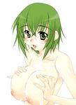  blush breast_squeeze breasts cum cum_on_body cum_on_breasts cum_on_upper_body facial glasses green_eyes green_hair infinite_stratos inverted_nipples k.m.station large_breasts nipples nude pinky_out short_hair solo yamada_maya_(infinite_stratos) 