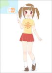  :d blush brown_hair hina_(jwa) japan_weather_association loafers mascot open_mouth peko pointer red_eyes shirt shoes skirt smile socks solo sun_(symbol) t-shirt twintails weather white_legwear 