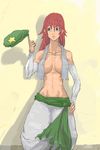  abs breasts covered_nipples detached_sleeves hammer_(gekidan_sharing_sky) hat hat_removed headwear_removed hong_meiling large_breasts long_hair pants red_hair sash solo topless touhou towel towel_around_neck 
