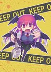  bat_wings book breasts caution_tape dress_shirt dropping english flapping from_above head_wings holding holding_book kawamura_tenmei keep_out koakuma large_breasts long_hair multiple_wings necktie open_mouth outstretched_arm pantyhose pointy_ears red_eyes red_hair shirt skirt solo tears tie_clip touhou vest wavy_mouth white_shirt wings 