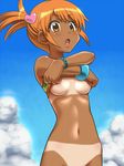 amamiya_rizumu awa blue_sky blush bottomless bracelet breasts cloud day hair_ornament heart heart_hair_ornament jewelry looking_at_viewer navel open_mouth orange_hair out-of-frame_censoring pretty_(series) pretty_rhythm pretty_rhythm_aurora_dream side_ponytail sky small_breasts solo stomach tan tanline underboob undressing yellow_eyes 