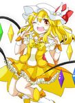 arms_up blonde_hair blush boots bow brooch choker cosplay cure_peace cure_peace_(cosplay) double_v fang flandre_scarlet hat hat_ribbon jewelry kanemoto_hisako koumajou_densetsu koumajou_densetsu_2 one_eye_closed open_mouth precure red_eyes ribbon seiyuu_connection shorts shorts_under_skirt side_ponytail skirt smile_precure! solo touhou v white_background wings wrist_cuffs yellow yellow_bow yellow_choker yellow_shorts yellow_skirt yukine 
