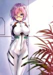  1girl absurdres ayanami_rei ayanami_rei_(cosplay) black-framed_eyewear blurry blurry_foreground blush bodysuit breasts cosplay depth_of_field eyes_visible_through_hair fate/grand_order fate_(series) glasses hair_over_one_eye highres impossible_clothes indoors kotatsu_(kotatsu358) large_breasts looking_at_viewer mash_kyrielight neon_genesis_evangelion number pilot_suit pink_hair plugsuit purple_eyes scan see-through_silhouette short_hair skin_tight solo turtleneck white_bodysuit 