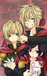  2boys ace_(fft-0) black_hair blonde_hair blue_eyes book cape card copyright_name final_fantasy final_fantasy_type-0 glasses multiple_boys nine_(fft-0) purple_eyes queen_(fft-0) scar title_drop 