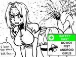 4chan amputee android bare_shoulders bb_(baalbuddy) bent_over blood blood_splatter breasts cyborg english forehead_protector guro kos-mos large_breasts long_hair meme monochrome profanity public_service_announcement thighhighs xenosaga 