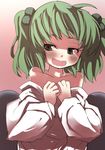  bare_shoulders blush commentary commentary_request gaoo_(frpjx283) green_eyes green_hair hair_bobbles hair_ornament highres kisume off_shoulder open_mouth short_hair smile solo touhou twintails undressing 