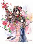  axis_powers_hetalia black_hair branch brown_eyes china_(hetalia) flower genderswap genderswap_(mtf) hair_bun hair_flower hair_ornament heart japan_(hetalia) japanese_clothes kimono multiple_girls one_eye_closed petals sandals traditional_media tugumi0w0 watercolor_(medium) 