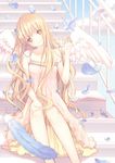  angel angel_wings animal animal_on_head bare_shoulders bird bird_on_head blonde_hair blurry cloud depth_of_field dove dress feathers head_tilt highres long_hair nana_mikoto off_shoulder on_head original railing sitting sitting_on_stairs sky smile solo stairs strap_slip sundress wings yellow_eyes 