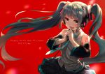  1girl 2017 aqua_nails bare_shoulders black_skirt blue_eyes blue_hair blue_neckwear blurry bokeh clothes_lift dated depth_of_field detached_sleeves eyebrows_visible_through_hair fingernails floating_hair grey_shirt hands_together happy_birthday hatsune_miku headset holding holding_microphone interlocked_fingers koniro long_hair looking_away microphone nail_polish necktie open_mouth red_background shirt simple_background skirt skirt_lift sleeveless sleeveless_shirt solo twintails upper_body vocaloid 