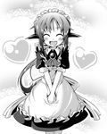  andou_mahoro apron ascot blush brooch closed_eyes greyscale heart ichimi jewelry mahoromatic maid maid_headdress monochrome open_mouth smile solo twintails v_arms 