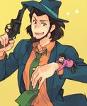  arsene_lupin_iii bad_id bad_pixiv_id beard black_eyes black_hair face facial_hair green_neckwear gun hat jacket jigen_daisuke lupin_iii male_focus multiple_boys necktie orange_neckwear pink_jacket toujou_sakana weapon 