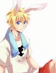  alternate_costume animal_ears bad_id bad_pixiv_id blonde_hair blue_eyes bunny_ears flynn_scifo male_focus naho_(pi988y) shirt shorts sitting smile solo tales_of_(series) tales_of_vesperia white_background 