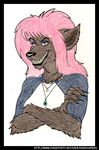  angry blue_eyes brown_fur canine claws clothing crossed_arms eyelashes eyeshadow fangs female fur grin hair isabella_price isabellaprice makeup mammal necklace pink_hair plain_background teeth traditional traditional_media were werewolf white_background wolf 