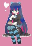  bad_id bad_pixiv_id black_dress blue_eyes bow cake dessert dress food hair_bow heart long_hair multicolored_hair noe_yuuhi panty_&amp;_stocking_with_garterbelt sitting solo stocking_(psg) striped striped_legwear thighhighs two-tone_hair 