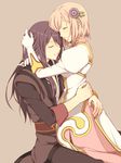  1girl ayamisiro black_hair brown_background closed_eyes coat couple dress estellise_sidos_heurassein gloves hair_ornament hairpin hetero hug long_hair pants pink_hair short_hair smile tales_of_(series) tales_of_vesperia yuri_lowell 