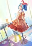  absurdres aqua_eyes aqua_hair dress hat highres monogatari_(series) nisemonogatari ononoki_yotsugi pantyhose short_hair solo stool striped striped_legwear twintails xiamianliele 