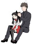  1girl adjusting_hair bad_id bad_pixiv_id black_hair black_legwear bow brown_hair child closed_eyes fate/zero fate_(series) hair_ribbon kotomine_kirei long_hair ocha_(oteaaa) ribbon simple_background sitting sitting_on_lap sitting_on_person thighhighs toosaka_rin twintails tying_hair wavy_mouth white_background younger 
