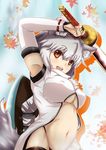 animal_ears arm_up armpits bad_id bad_pixiv_id breasts detached_sleeves fang inubashiri_momiji kuga_zankurou large_breasts midriff navel no_pants open_clothes open_mouth open_shirt panties red_eyes red_panties shirt short_hair silver_hair solo sword tail thighhighs touhou underboob underwear weapon wolf_ears wolf_tail 