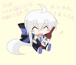  ^_^ arffim426 blush blush_stickers bottle bow chibi closed_eyes convention_greeting detached_sleeves hair_bow highres long_hair necktie open_mouth ponytail sitting smile solo translated very_long_hair vocaloid voyakiloid white_hair yowane_haku 