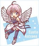  :d ahoge aiyoku_no_eustia akihara_ryou boots border character_name detached_sleeves eustia_astraea feathered_wings long_hair open_mouth pink_hair smile solo thighhighs white_wings wings 