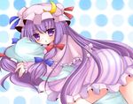  bow crescent dress hair_bow hat hat_ribbon highres long_hair lying ncatabc on_stomach patchouli_knowledge pillow purple_eyes purple_hair ribbon solo striped touhou vertical_stripes 