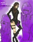  1girl ass asymmetrical_clothes asymmetrical_clothing brown_hair capcom gun jessica_sherawat knife looking_at_viewer looking_back monochrome open_mouth pixiv_thumbnail resident_evil resident_evil_revelations resized single_pantsleg solo weapon wetsuit 