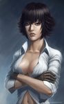  black_hair blouse blue_eyes breasts cleavage collarbone crossed_arms devil_may_cry gloves heterochromia highres konstantin_krutikhin lady_(devil_may_cry) large_breasts lips navel no_bra red_eyes scar short_hair solo unbuttoned 