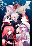  absurdres alternate_costume bad_id bad_pixiv_id blonde_hair blue_eyes book braid flandre_scarlet hat highres hong_meiling hood izayoi_sakuya koumajou_densetsu koumajou_densetsu_2 lavender_hair long_hair maid_headdress miysin multiple_girls open_mouth outstretched_hand patchouli_knowledge pointy_ears purple_hair red_eyes red_hair remilia_scarlet short_hair silver_hair skirt smile star touhou twin_braids 
