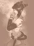  bad_id bad_pixiv_id bare_shoulders bracelet detached_sleeves drill_hair fingerless_gloves gloves halter_top halterneck han_juri jewelry midriff monochrome nail_polish ojo_(dfreak) red_eyes sepia solo spiked_bracelet spikes spot_color street_fighter street_fighter_iv_(series) toned twin_drills 