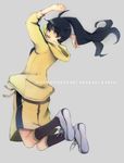  ahoge araragi_karen arms_up black_eyes black_hair hood hooded_track_jacket hoodie jacket jumping long_hair looking_at_viewer looking_back monogatari_(series) nisemonogatari ponytail que4 shorts smile solo track_jacket 