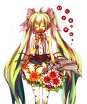  ahoge arm_at_side bad_id bad_pixiv_id bangs bare_shoulders blue_dress bouquet breasts closed_eyes colorized covered_mouth dress facing_viewer feet_out_of_frame flower green_hair hair_between_eyes hand_up hatsune_miku headset hinata_riku holding holding_bouquet holding_flower lace lace-trimmed_skirt long_hair red_flower ribbon shintaniya simple_background skirt sleeveless small_breasts smelling_flower solo standing striped striped_neckwear striped_ribbon thighhighs twintails very_long_hair vocaloid white_background white_legwear wrist_cuffs zettai_ryouiki 