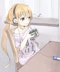  bare_shoulders blonde_hair chair clothes_writing cup curtains digital_media_player futaba_anzu headphones highres holding idolmaster idolmaster_cinderella_girls ipod listening_to_music long_hair musical_note red_eyes shirt snowflyer solo t-shirt table twintails window you_work_you_lose 