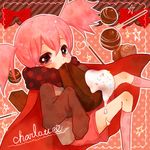  blue_eyes cape charlotte_(madoka_magica) chocolate food mahou_shoujo_madoka_magica mitsuyahachiko personification pink_eyes pocky short_twintails sleeves_past_wrists solo twintails 