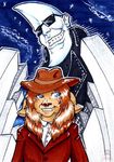  billie_jean blue_eyes brown_fur city creature crescent_moon eyewear fanart female freckles fur furless hair hat mac_tonight male mcdonalds moon multi-colored_hair red_hair rudethefox sunglasses traditional traditional_media unknown_species 