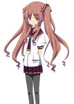  akane_souichi ano_natsu_de_matteru black_legwear brown_eyes brown_hair hair_ribbon pantyhose ribbon school_uniform skirt smile solo twintails white_background yamano_remon 