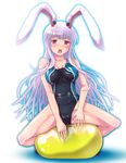  animal_ears bad_id bad_pixiv_id ball bunny_ears competition_swimsuit exercise_ball highres inuga_anahoru long_hair one-piece_swimsuit open_mouth purple_hair red_eyes reisen_udongein_inaba solo swimsuit touhou very_long_hair 